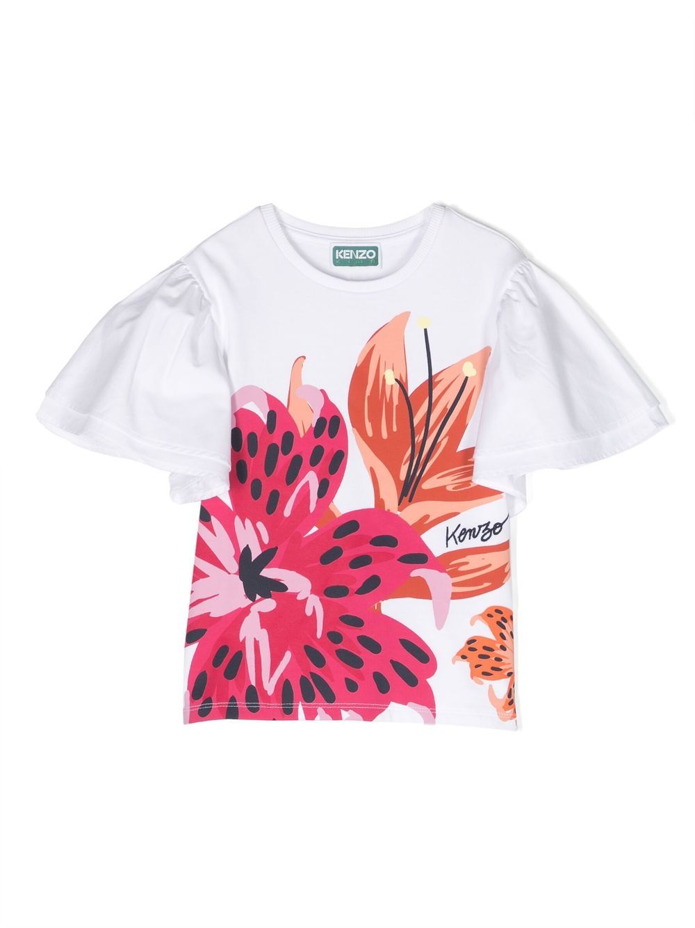 Kenzo Kids 荷叶边细节花卉印花T恤 - 白色