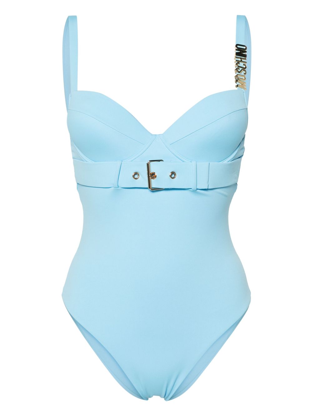Moschino logo字母扣环带连体泳衣 - 蓝色