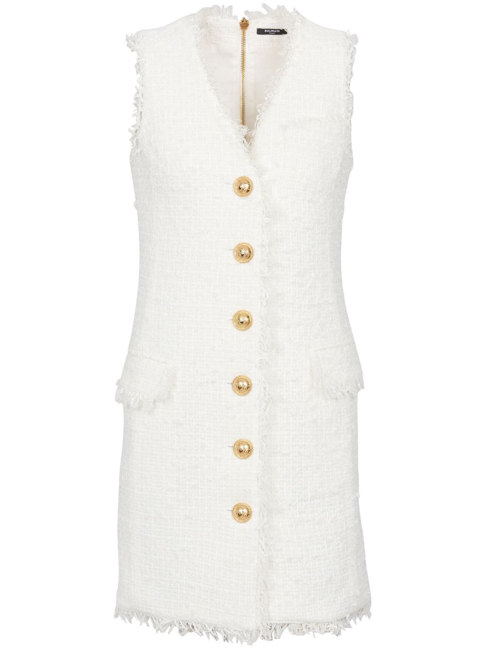 Balmain V领搭扣粗花呢迷你连衣裙 - 白色