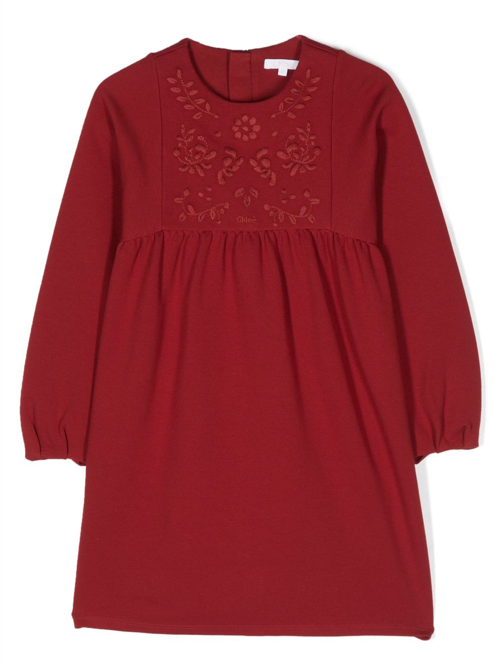 Chloé Kids 花卉刺绣长袖连衣裙 - 红色