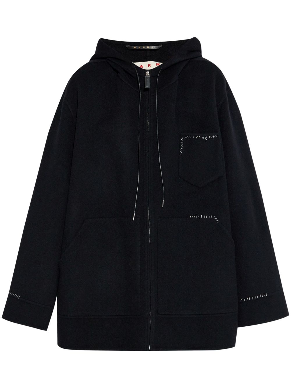 Marni logo刺绣羊毛连帽夹克 - 黑色