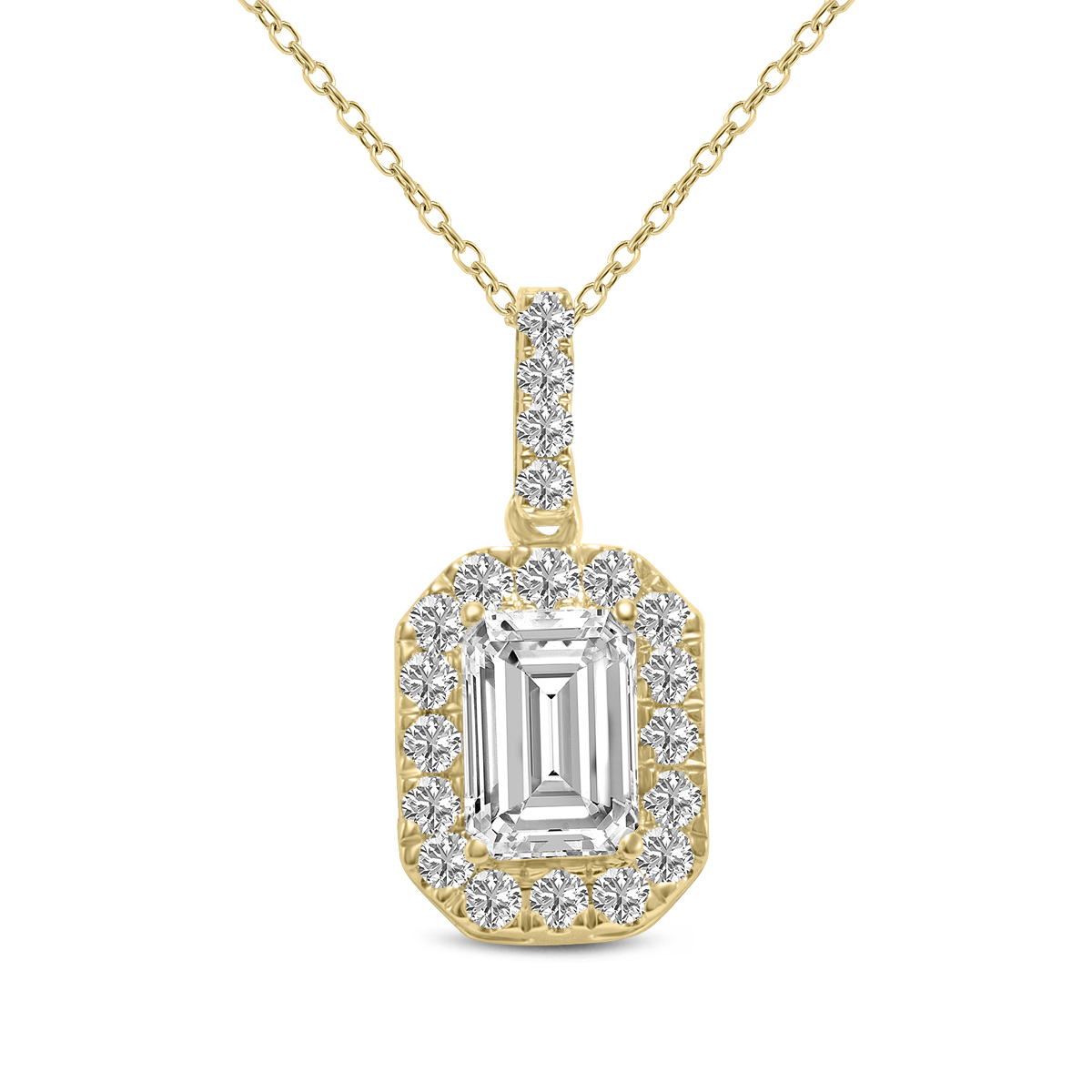 1.50 Emerald Cut Halo Lab Grown Diamond Pendant in 14K Yellow Gold