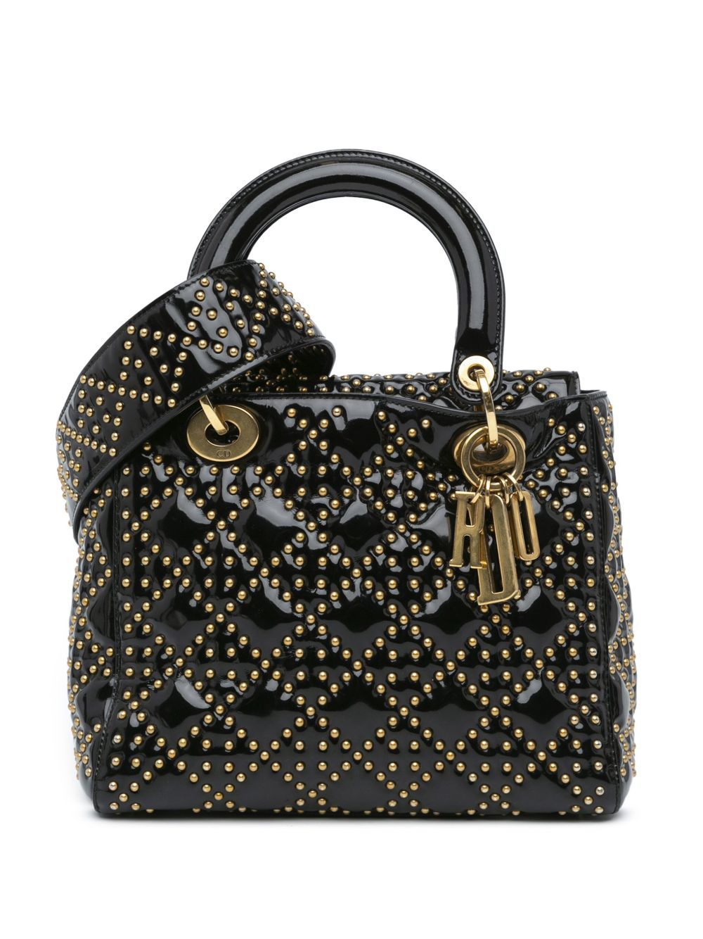 Christian Dior Pre-Owned Cannage Studded Supple Lady Dior 中号亮面斜挎包（2017年典藏款） - 黑色