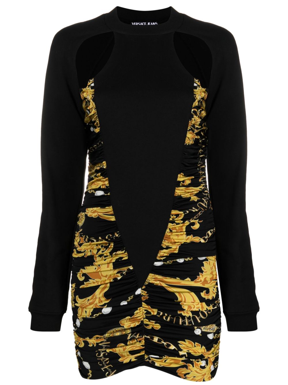 Versace Jeans Couture logo印花镂空褶饰迷你连衣裙 - 黑色