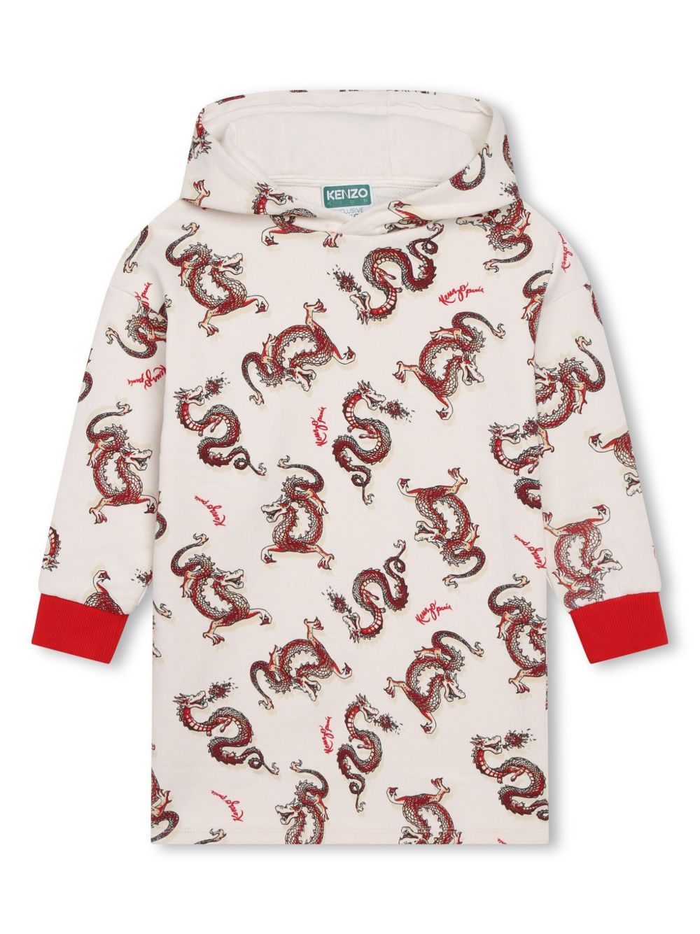 Kenzo Kids 龙印花连帽棉连衣裙 - 中性色
