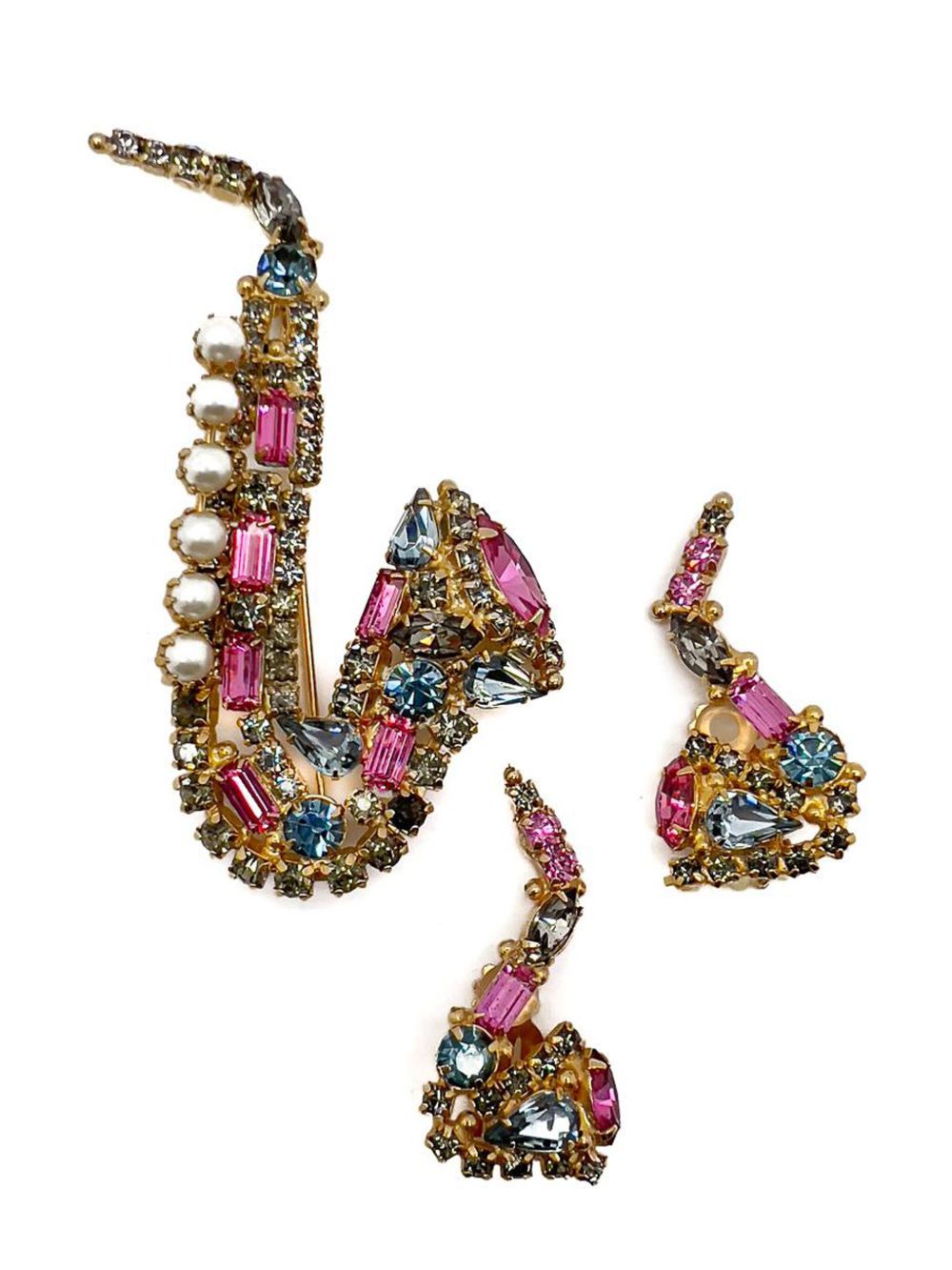 Jennifer Gibson Jewellery Vintage Original by Robert Crystal Saxophone Brooch &amp; Earrings 1960s - 粉色