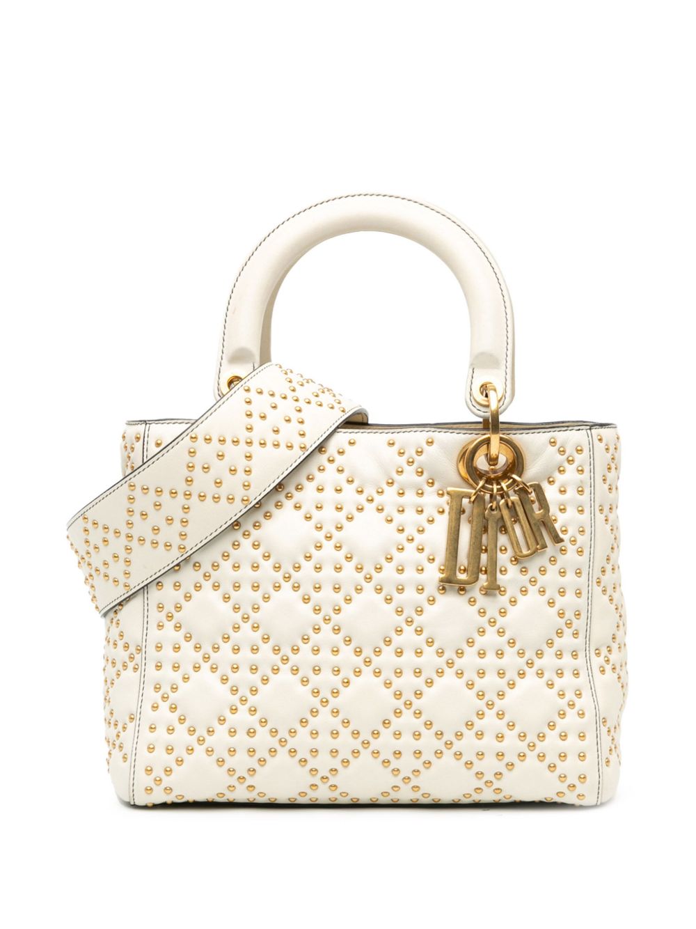 Christian Dior Pre-Owned Medium Lambskin Cannage Studded Supple Lady Dior 斜挎包（2017年典藏款） - 白色