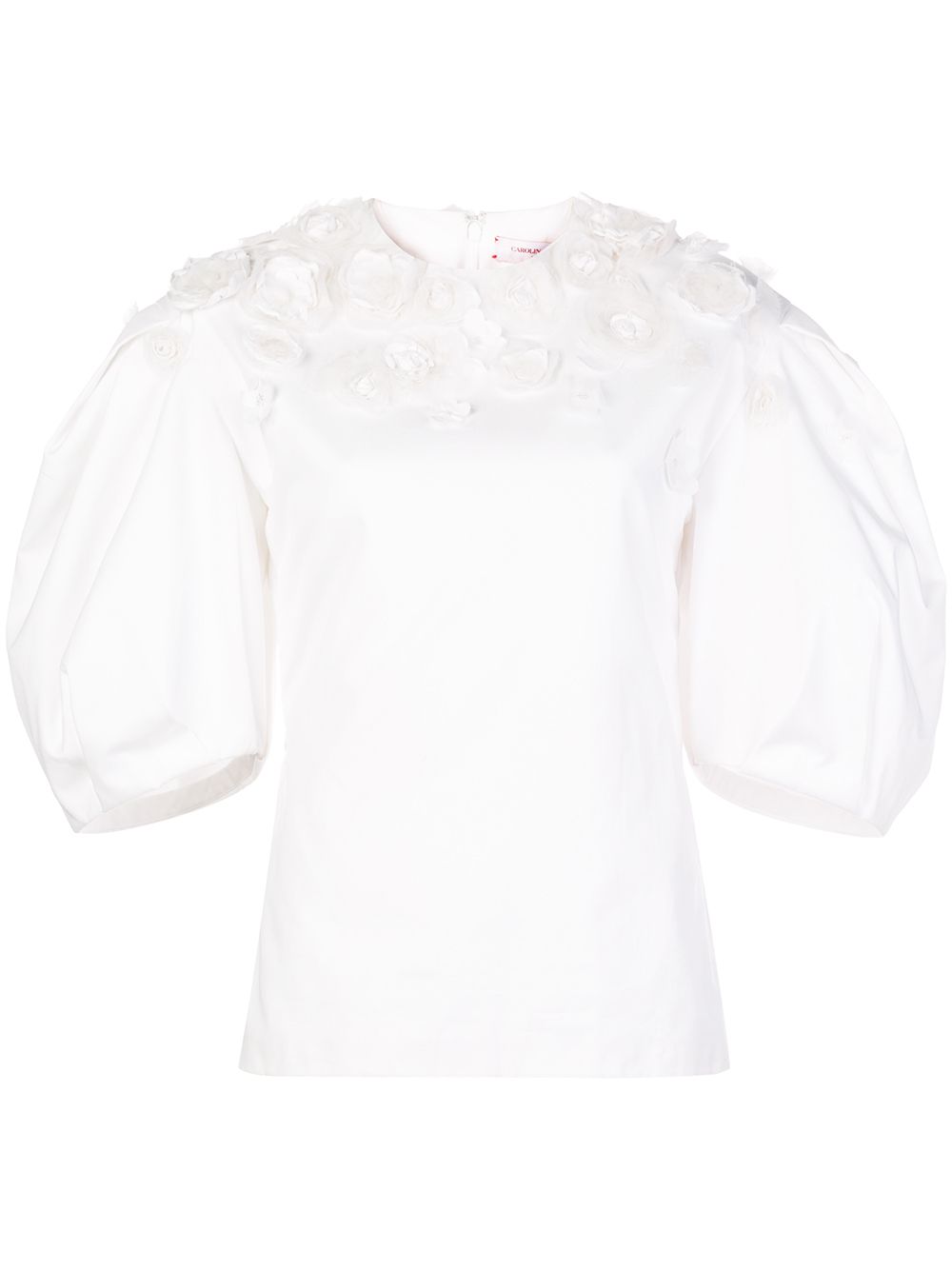 Carolina Herrera 花卉缝饰泡泡袖罩衫 - 白色