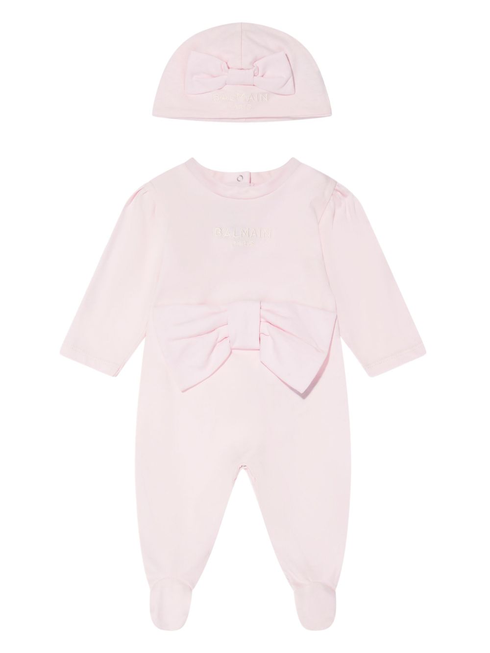 Balmain Kids logo刺绣蝴蝶结细节连体衣和套头帽套装 - 粉色
