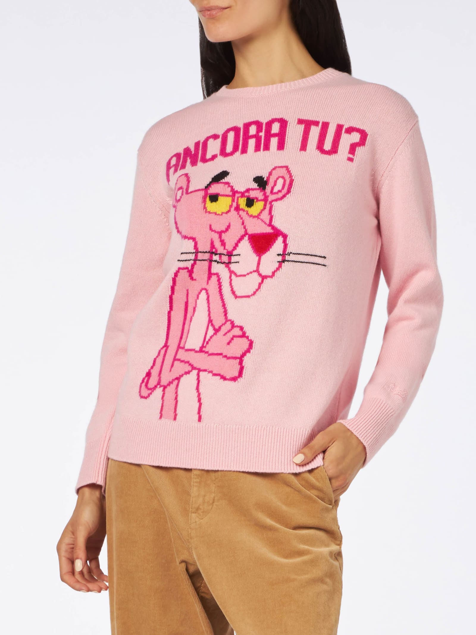 MC2 Saint Barth Woman Crewneck Pink Sweater With Pink Panther Ancora Tu? Print The Pink Panther Special Edition