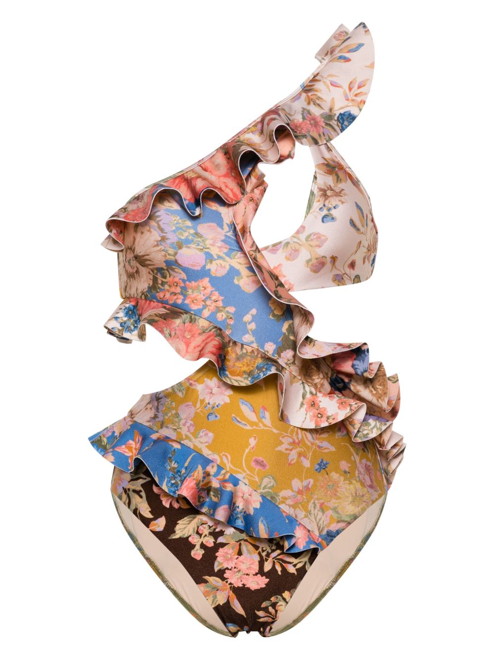 ZIMMERMANN 花卉印花荷叶边连体泳衣 - 中性色