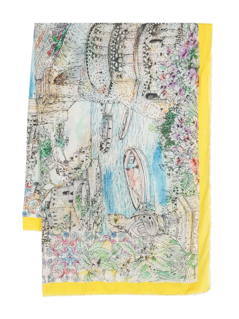 Faliero Sarti 插画风印花围巾 - 黄色