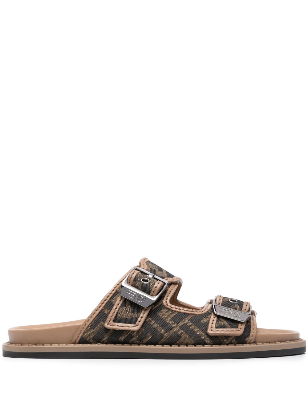 FENDI FF logo图案扣环拖鞋 - 褐色