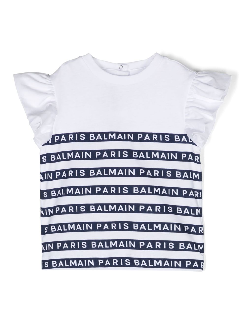 Balmain Kids 荷叶边衣袖logo条纹T恤 - 白色