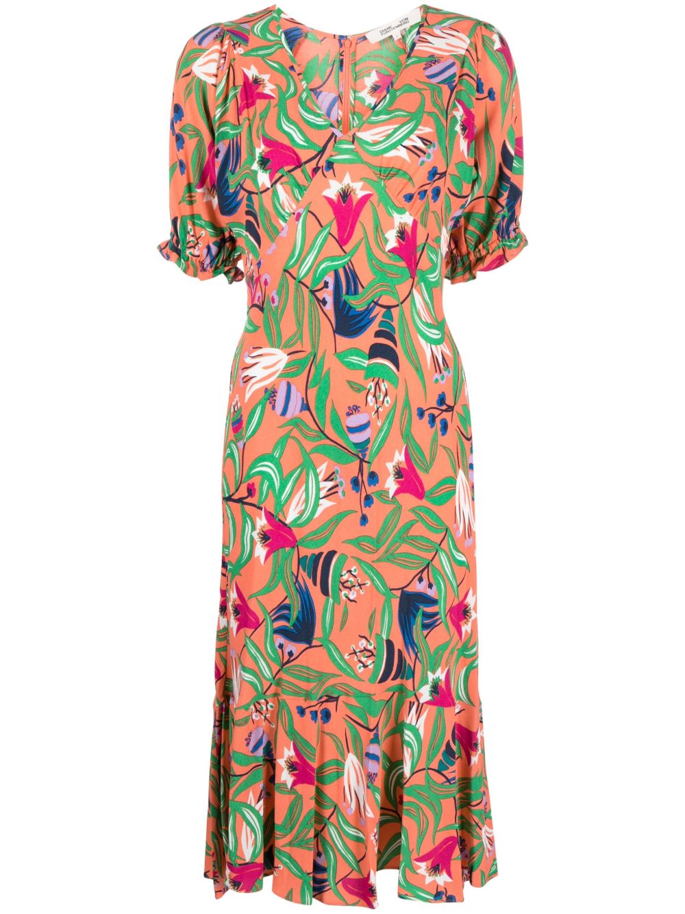 DVF Diane von Furstenberg 花卉印花伞形中长连衣裙 - 橘色