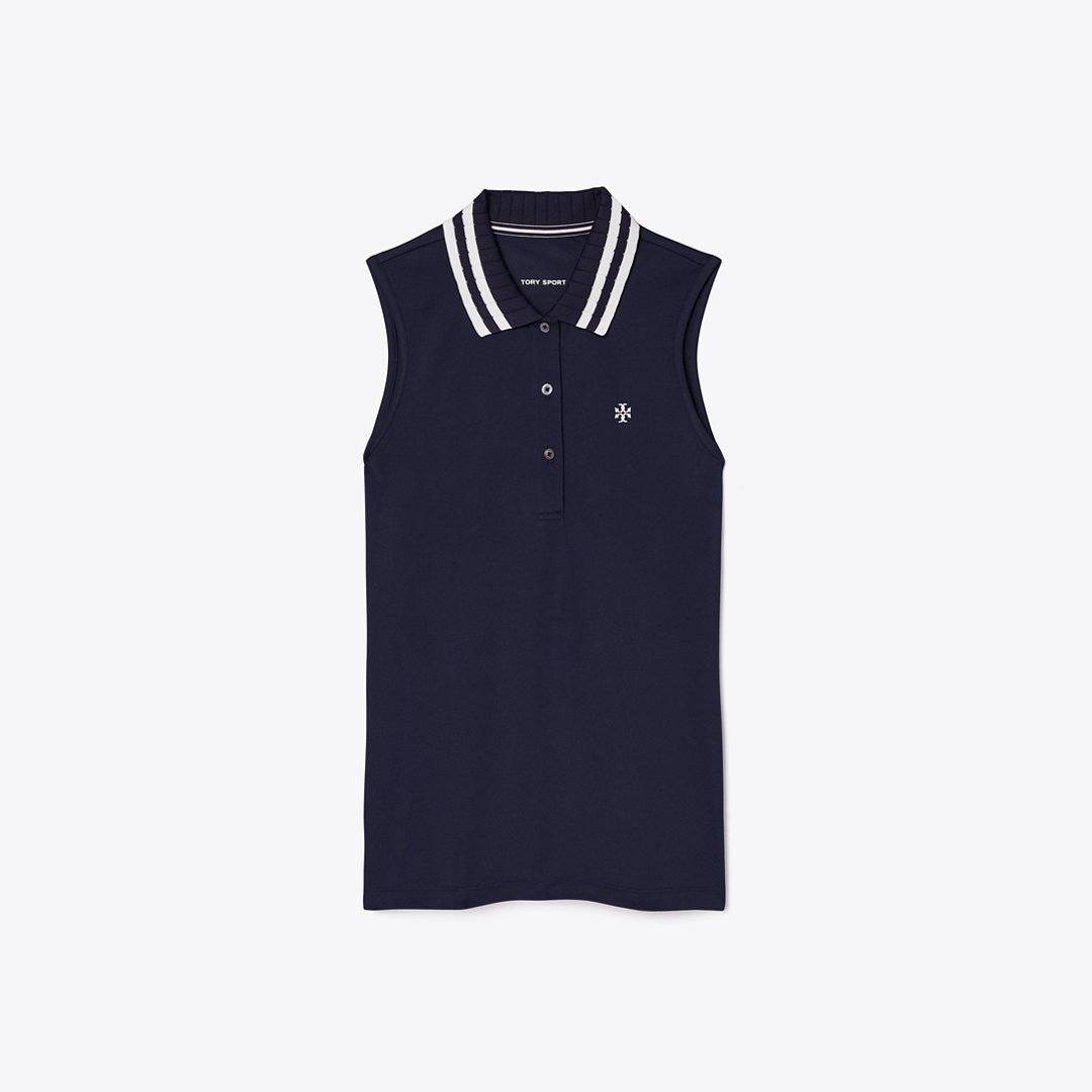 Tory Burch Performance Piqué Pleated Collar Sleeveless Polo