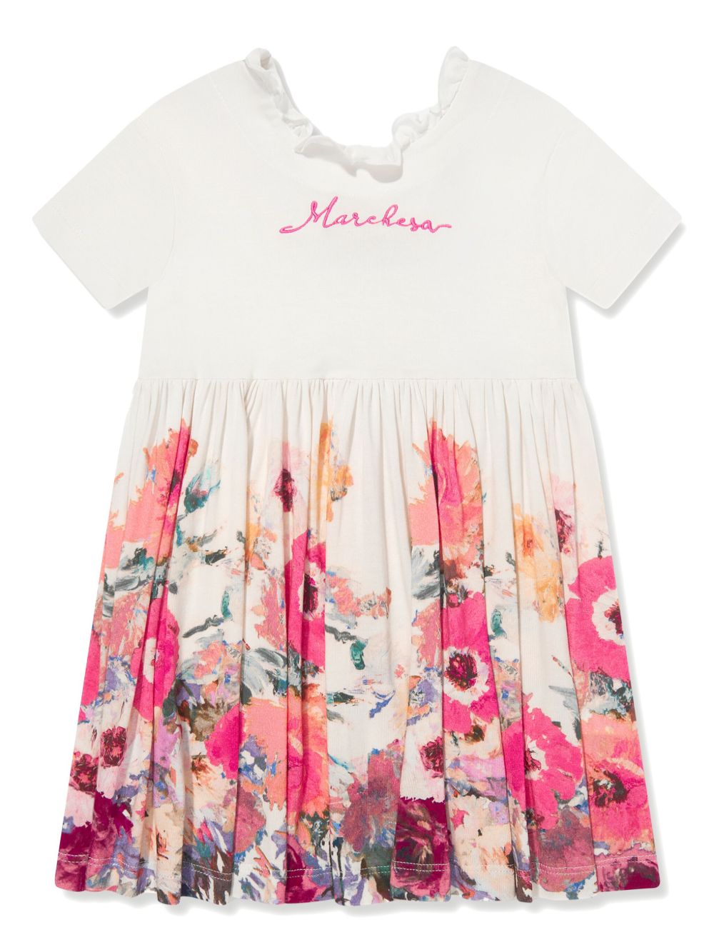 MARCHESA KIDS COUTURE logo刺绣花卉连衣裙 - 白色