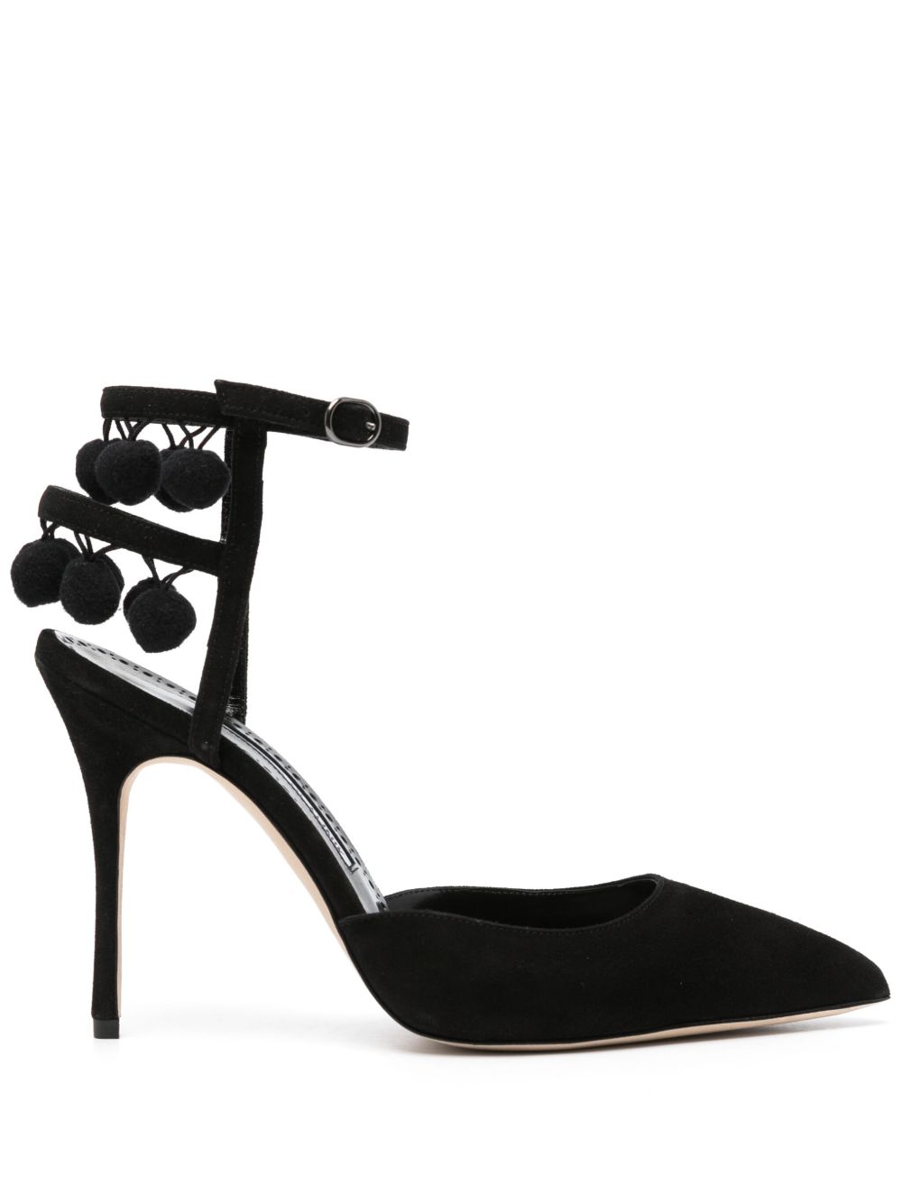 Manolo Blahnik 绒球细节尖头高跟鞋 - 黑色