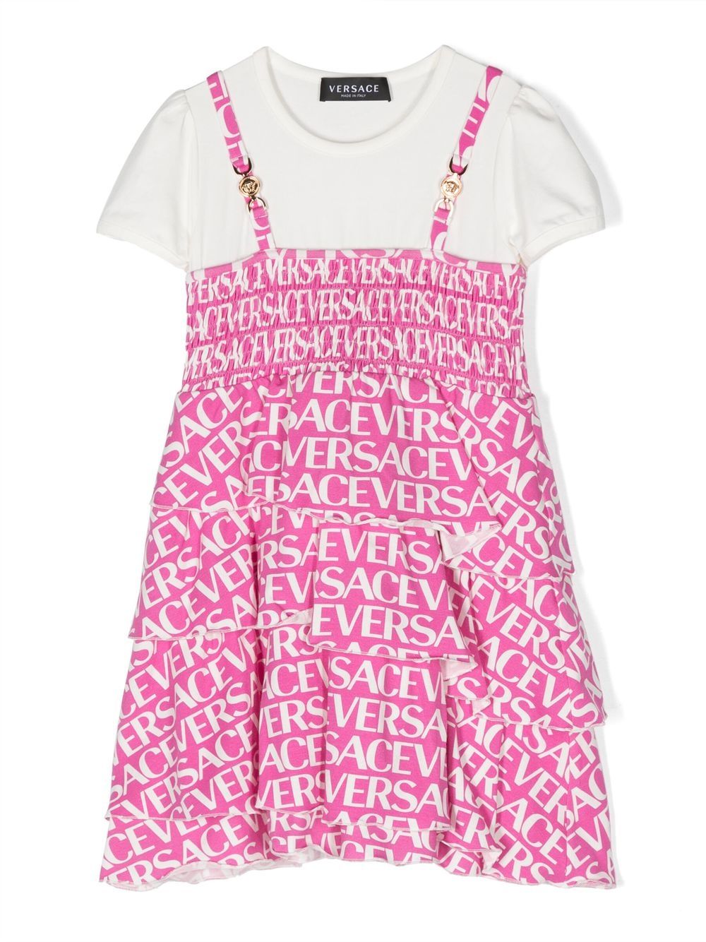 Versace Kids logo印花荷叶边连衣裙 - 白色