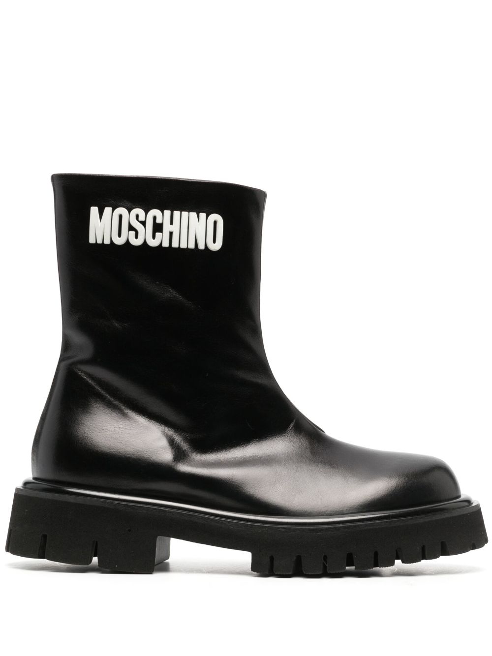 Moschino 压纹logo拉链皮质短靴 - 黑色
