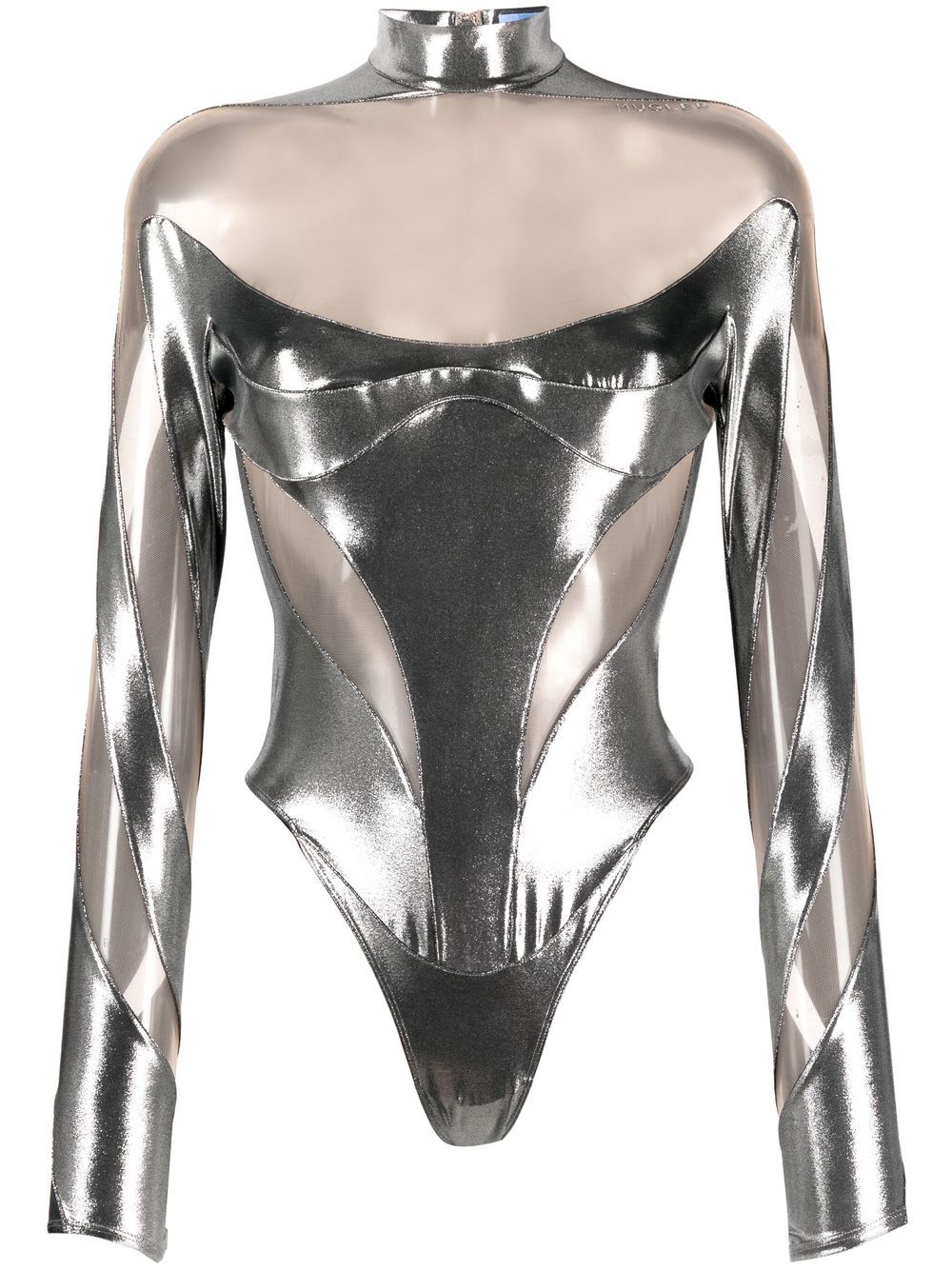 Mugler 半透明拼接金属感连体紧身衣 - 黑色