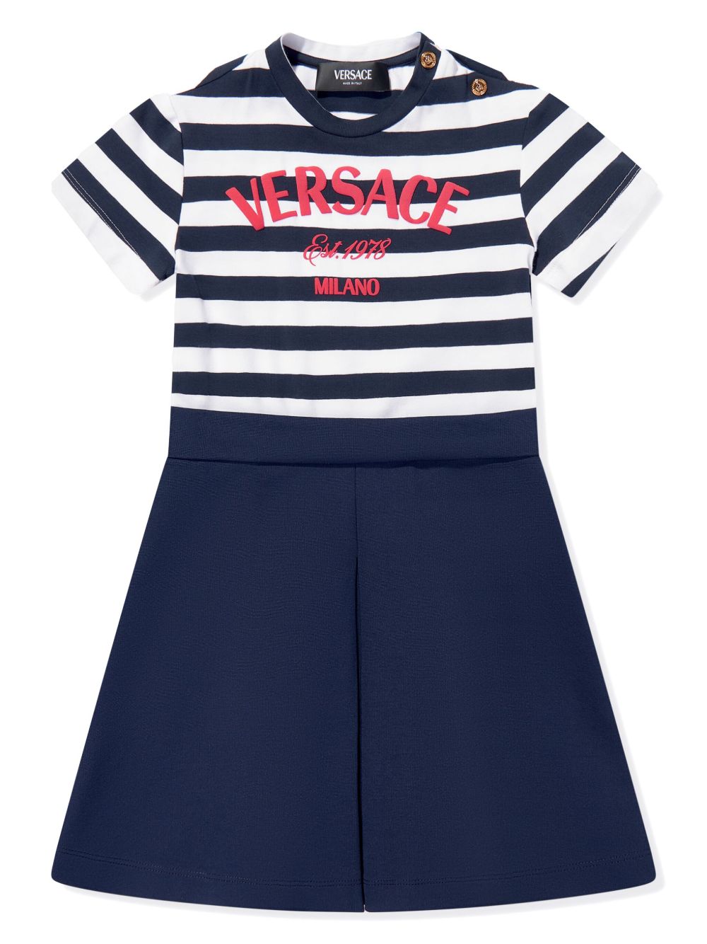 Versace Kids 条纹棉连衣裙 - 蓝色