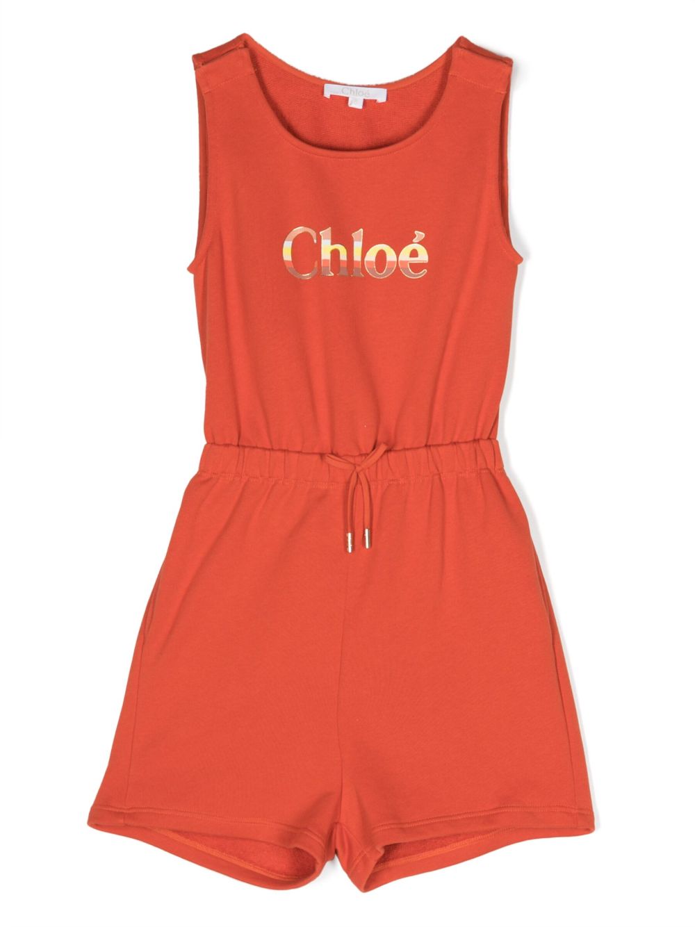 Chloé Kids logo印花棉连体短裤 - 橘色