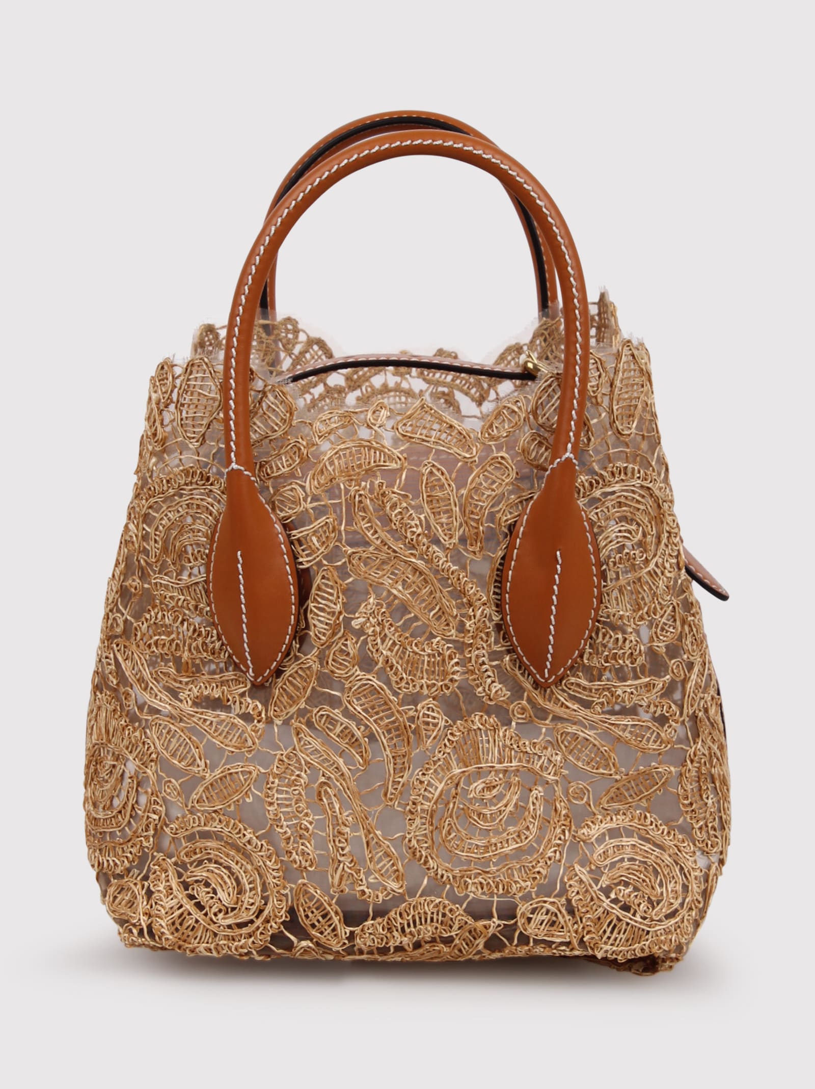Ermanno Scervino 迷你Maggie包 自然色拉菲草蕾丝