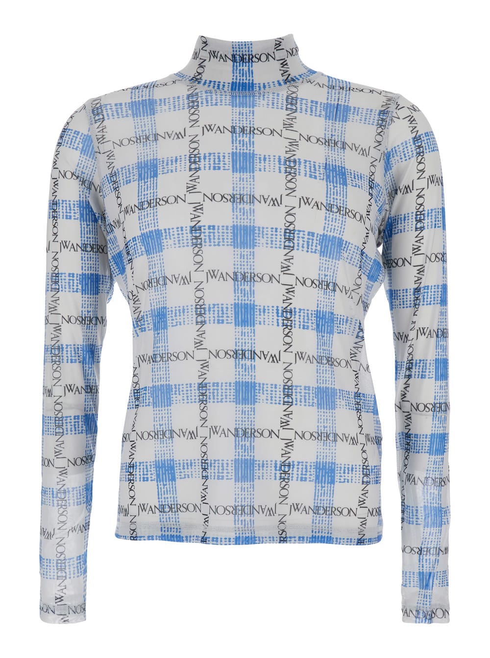 J. W. Anderson Light Blue Turtleneck T-shirt With All-over Check Motif And All-over Logo Print In Tech Fabric Stretch Man