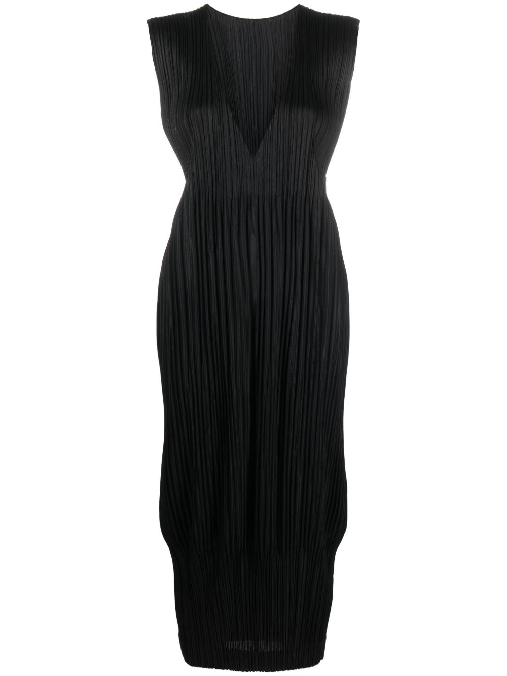 Pleats Please Issey Miyake 细褶V领中长连衣裙 - 黑色