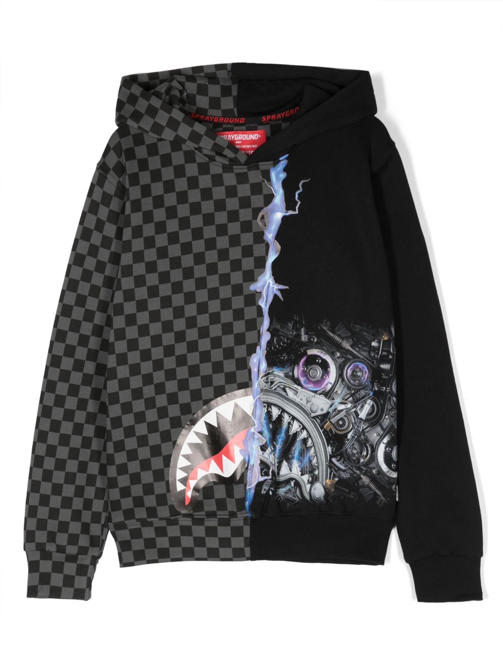 sprayground kid 图案印花双色格纹棉连帽衫 - 灰色