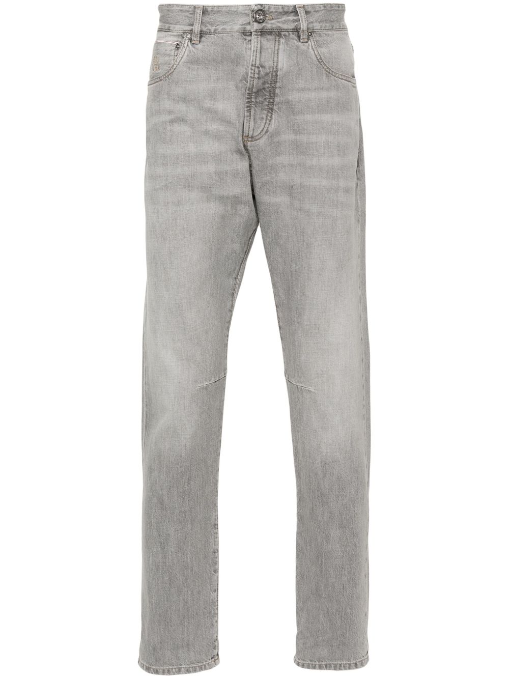 Brunello Cucinelli logo刺绣修身牛仔裤 - 灰色