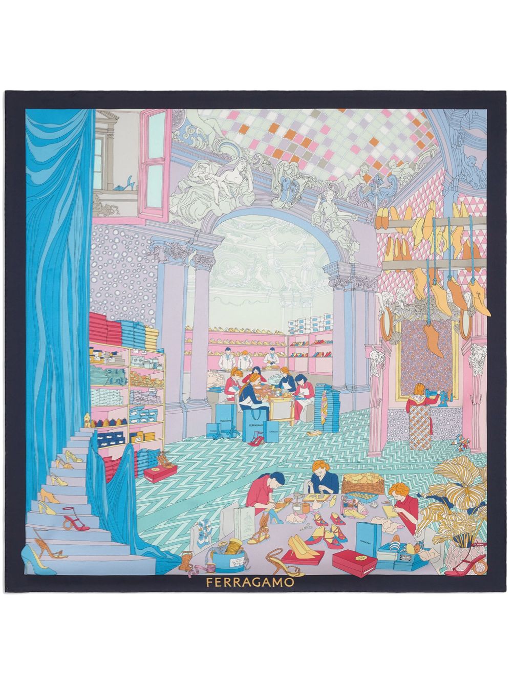 Ferragamo 图案印花真丝围巾 - 蓝色