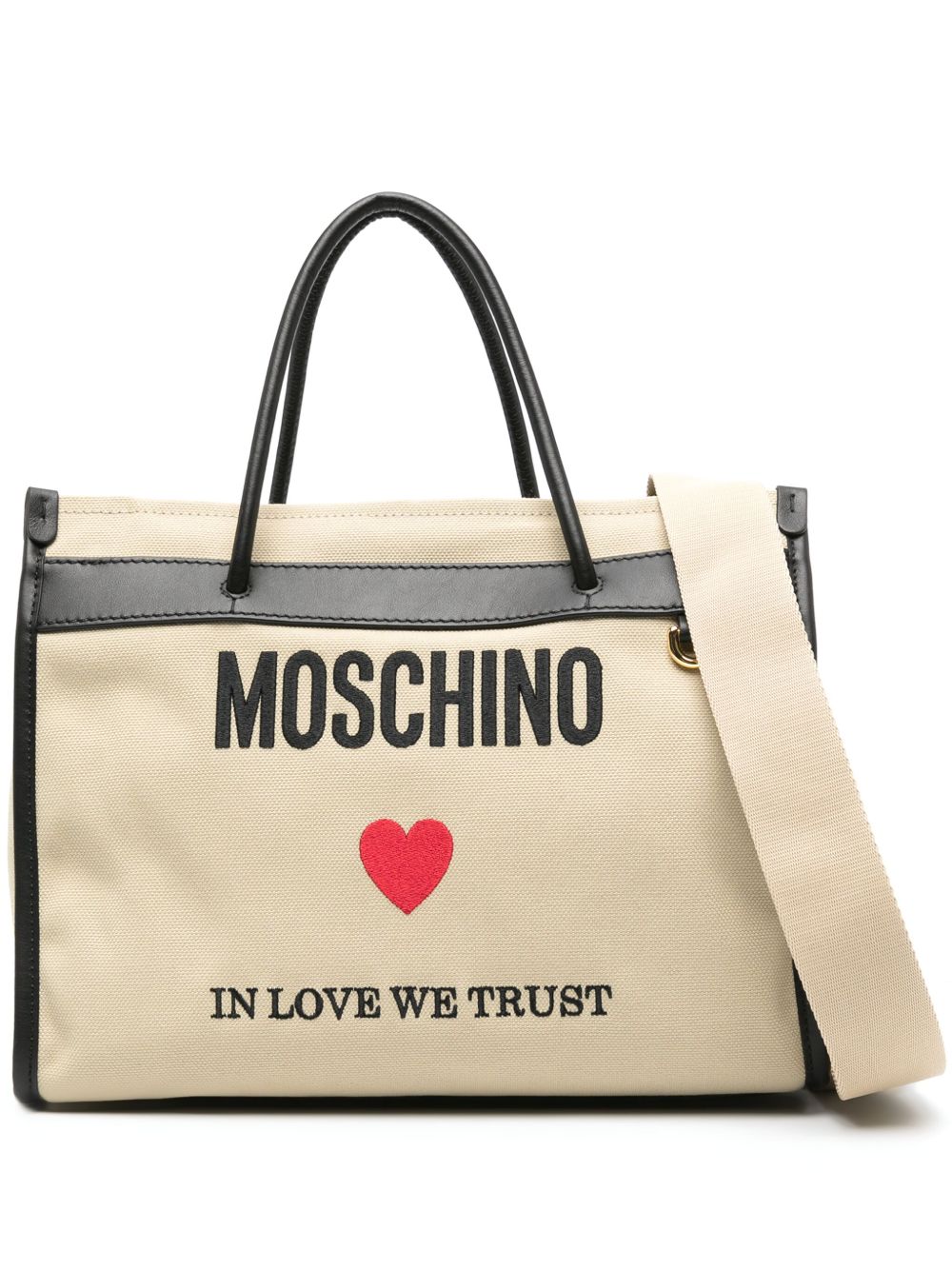 Moschino logo刺绣帆布托特包 - 褐色