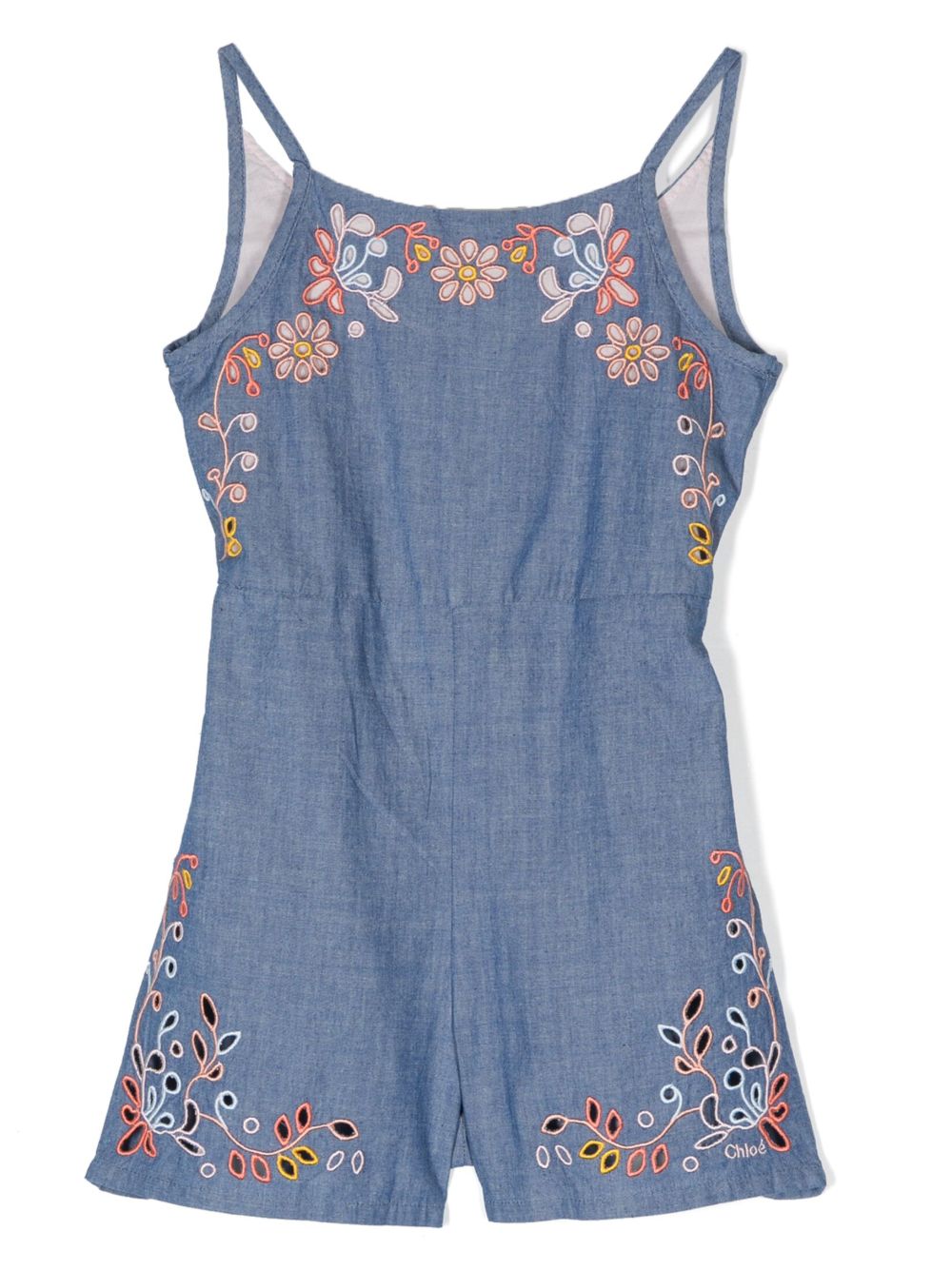 Chloé Kids 花卉刺绣牛仔连体短裤 - 蓝色