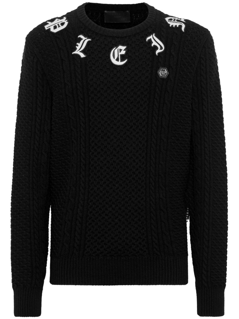 Philipp Plein logo刺绣羊绒毛衣 - 黑色