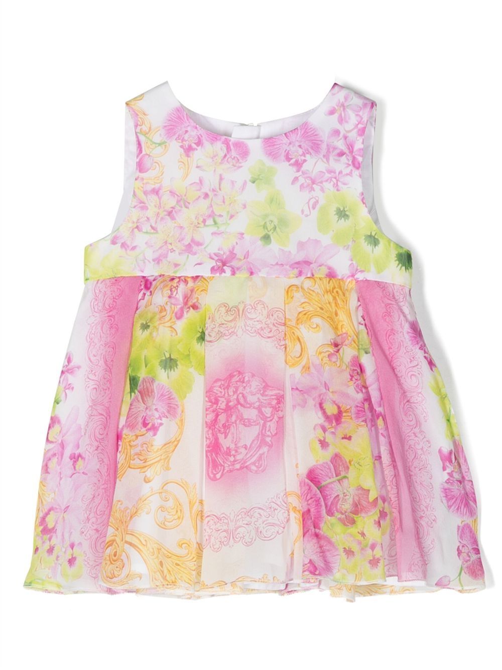 Versace Kids Barocco 印花真丝棉连衣裙 - 白色
