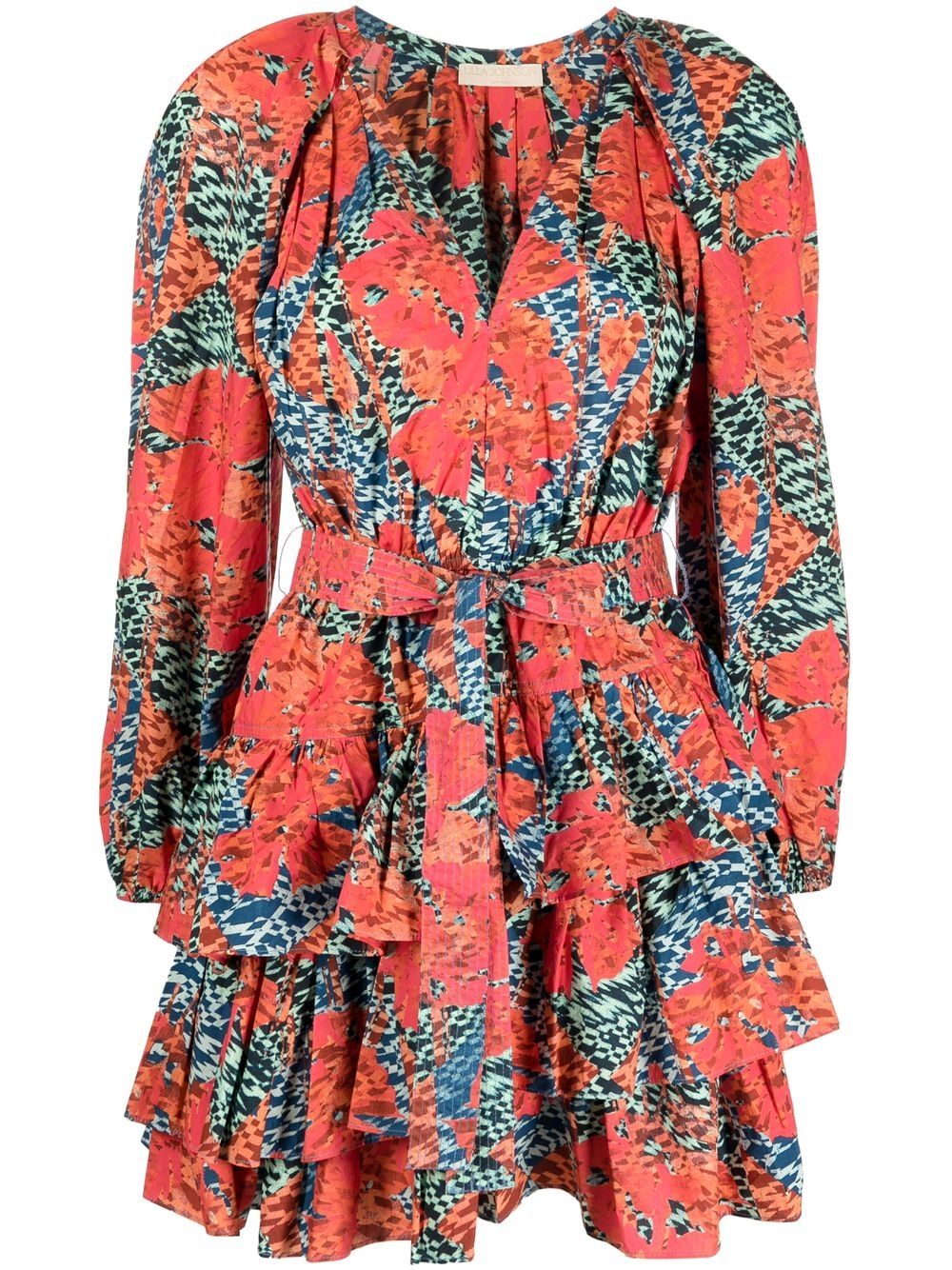 Ulla Johnson Cecily 抽象印花荷叶边迷你连衣裙 - 红色