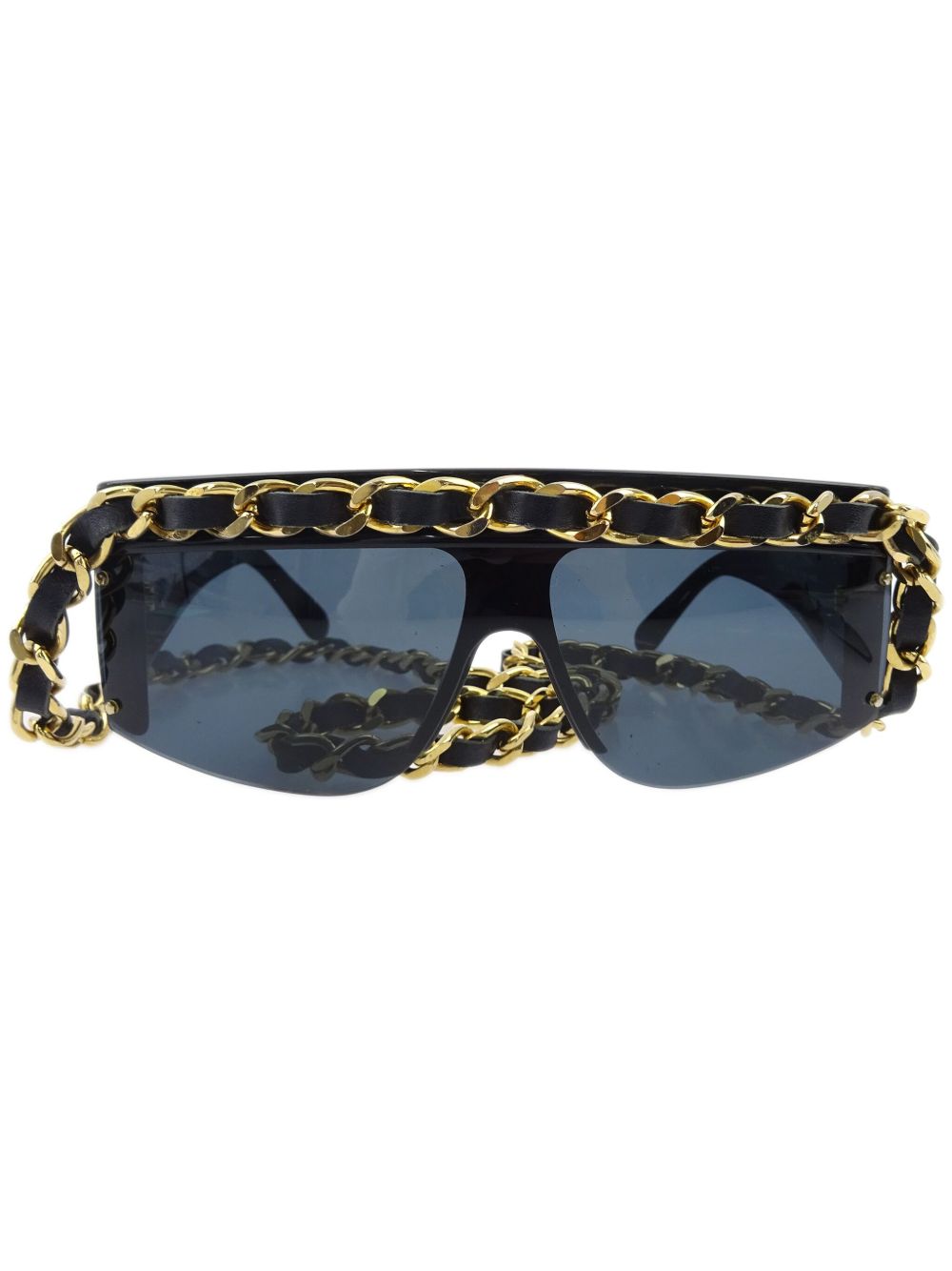 CHANEL Pre-Owned 皮质搭链边饰盾形太阳眼镜（1990-2000年典藏款） - 黑色