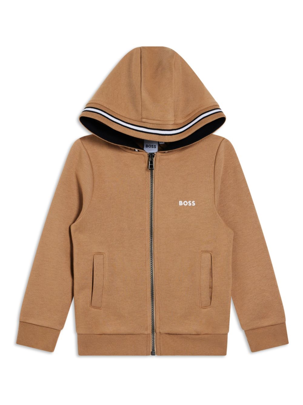 BOSS Kidswear 条纹细节拉链连帽衫 - 褐色