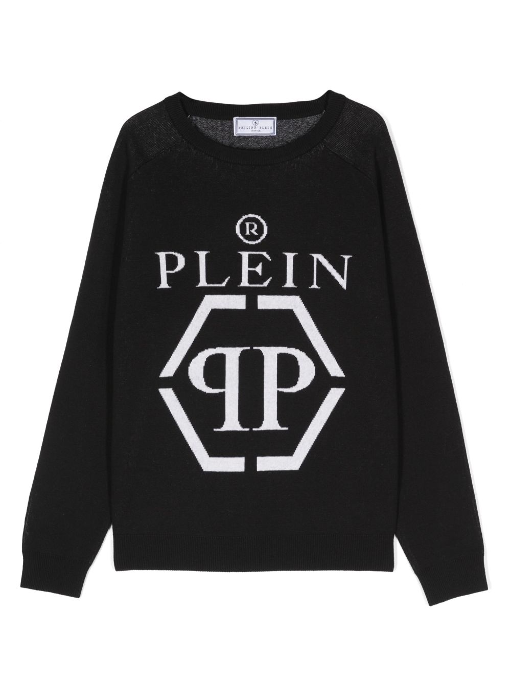 Philipp Plein Junior logo嵌花针织圆领毛衣 - 黑色