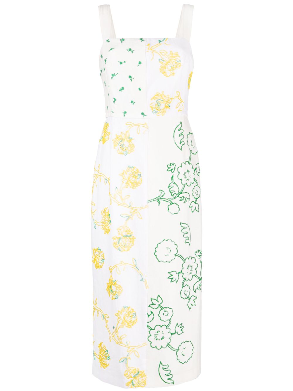 Tory Burch 花卉刺绣亚麻中长连衣裙 - 白色