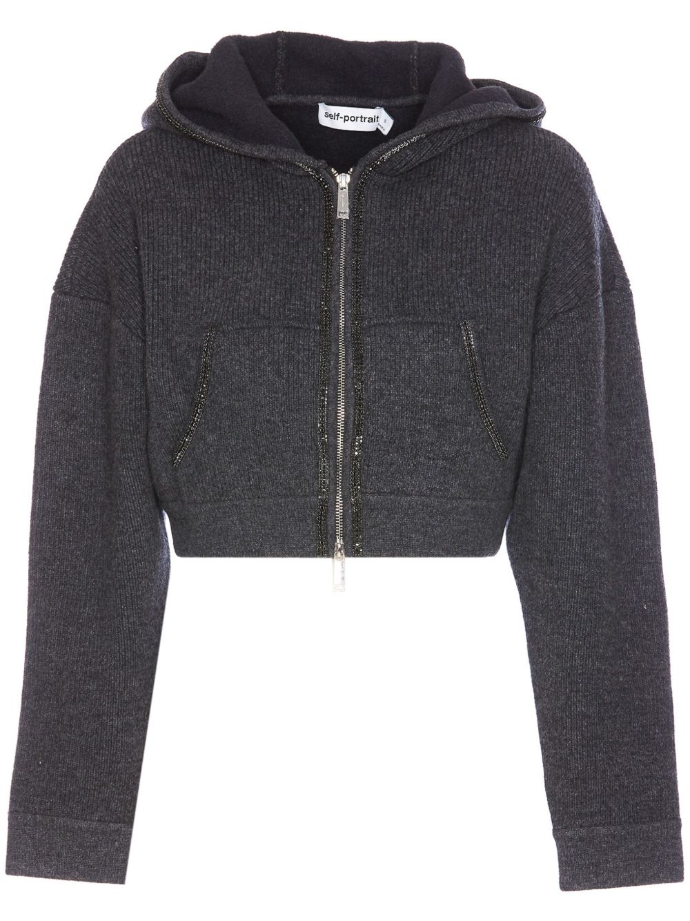 Self-Portrait knitted cropped hoodie - 灰色