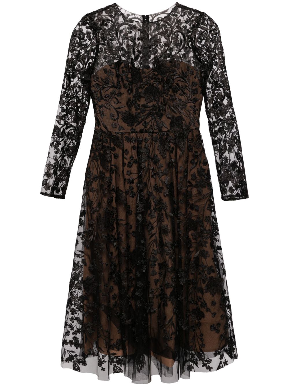 Marchesa Notte 花卉刺绣中长连衣裙 - 黑色