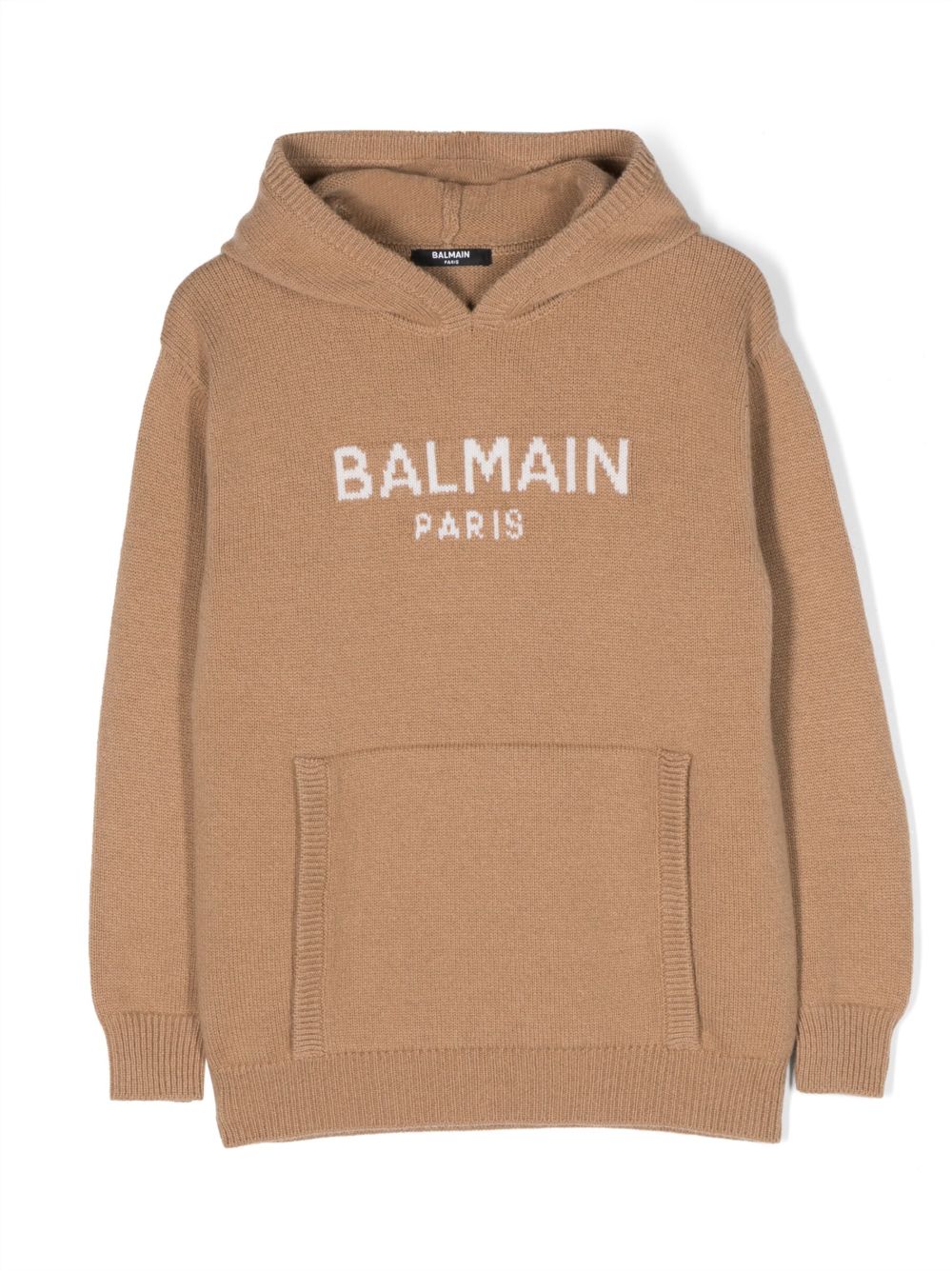 Balmain Kids logo嵌花针织连帽衫 - 褐色