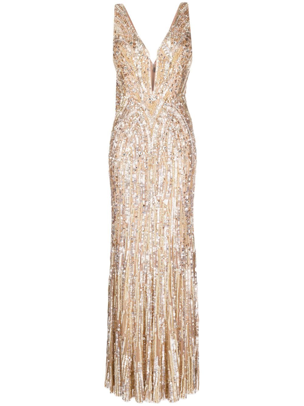 Jenny Packham Raquel 晶饰V领连衣裙 - 银色