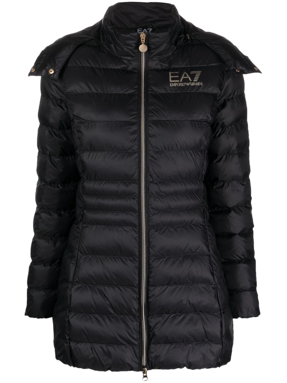 Ea7 Emporio Armani logo印花连帽填充外套 - 黑色