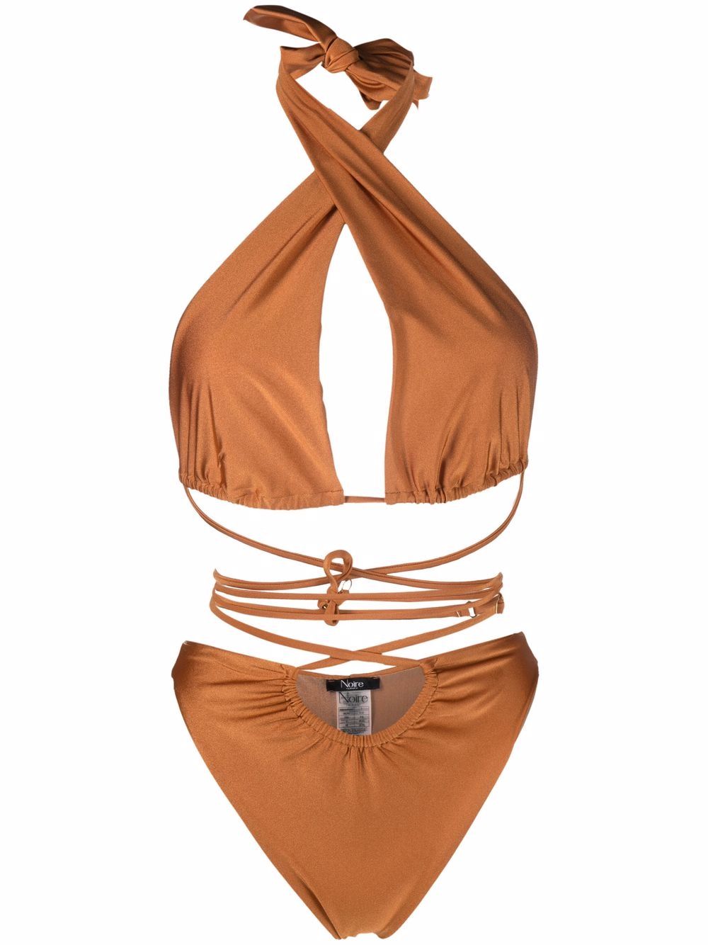 Noire Swimwear 格纹带挂脖连体泳衣 - 中性色