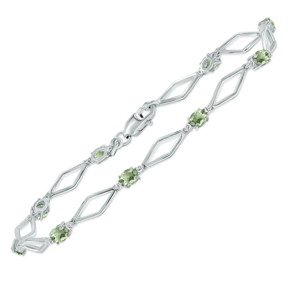 Green Amethyst and Natural Diamond Star Link Bracelet in.925 Sterling Silver