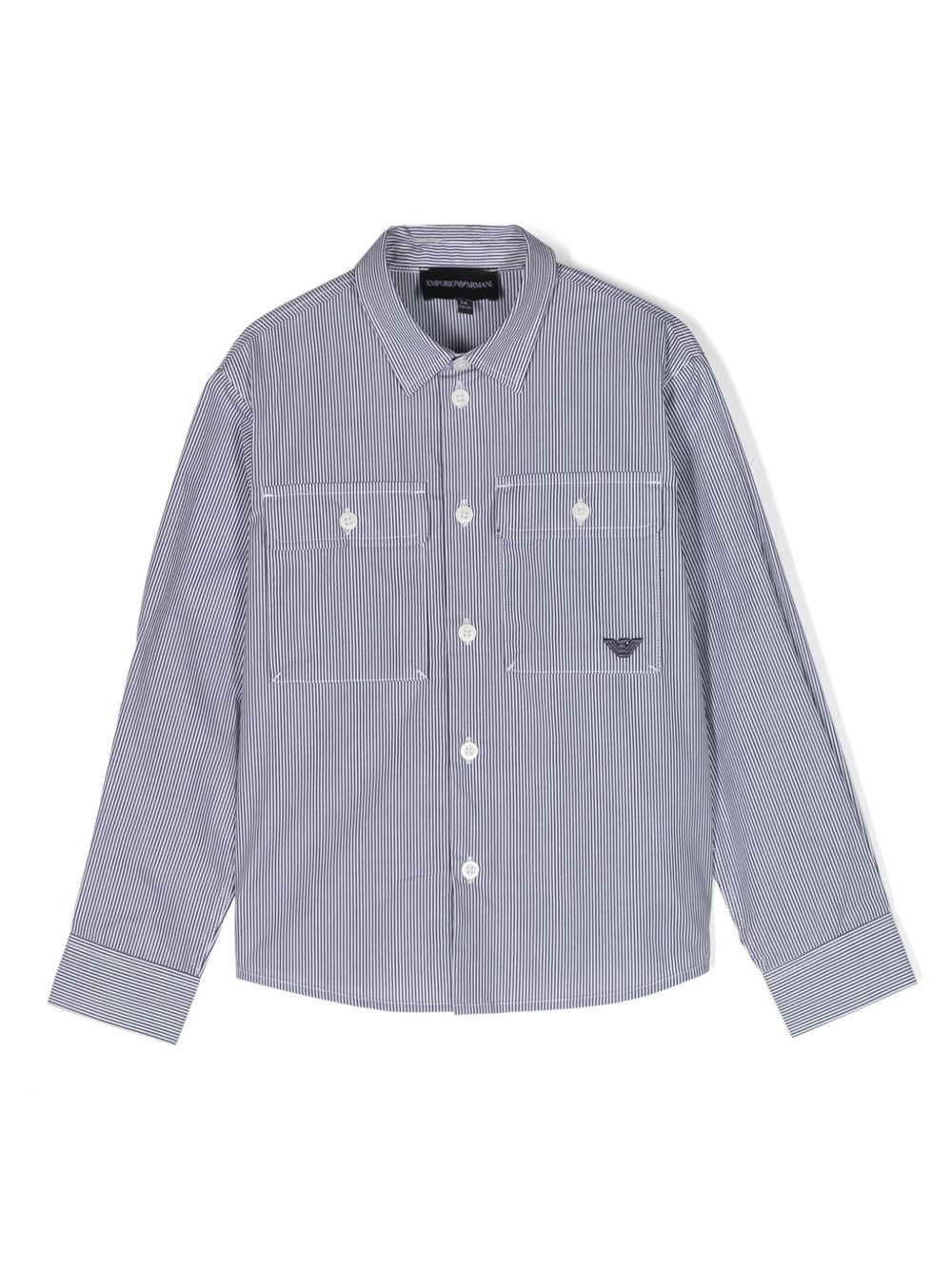 Emporio Armani Kids 标贴条纹棉衬衫 - 蓝色